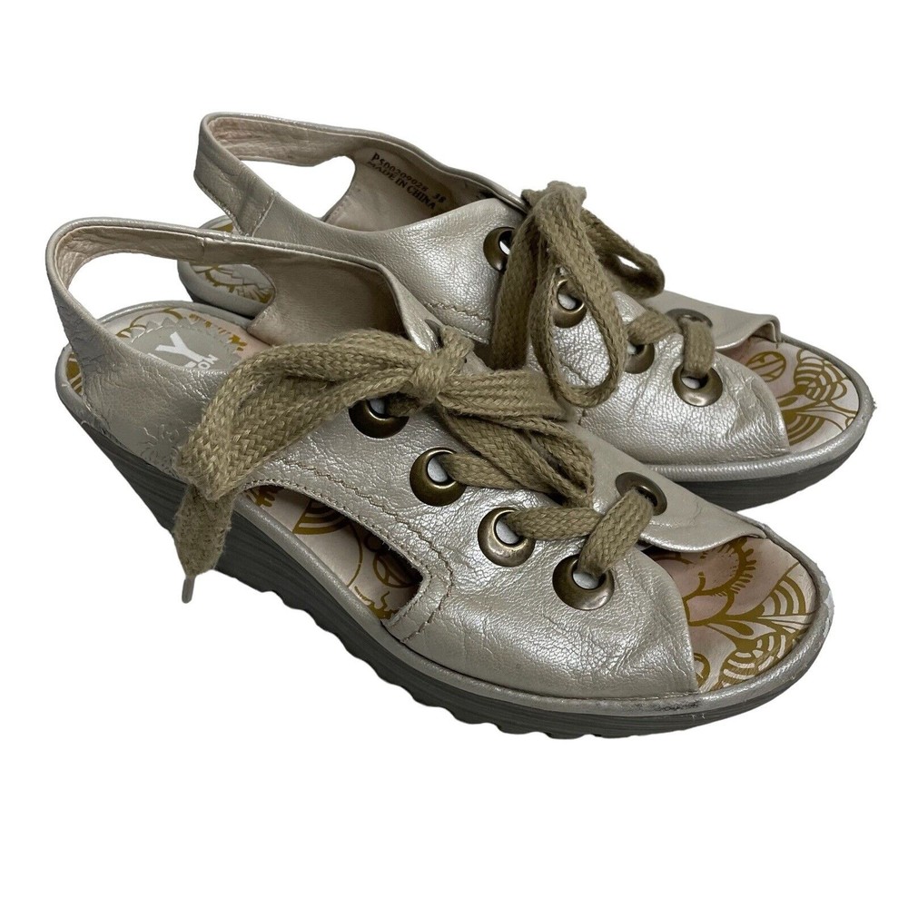 Fly London Ylfa Leather Lace Up Wedge Sandals Shoes US 7.5 EU 38 Pearlized a1 - Picture 2 of 10